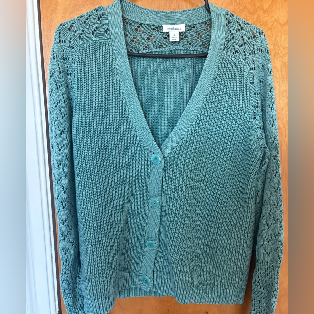 Sundance My Darling Teal Cotton Pointelle Cardigan sweater Size S